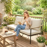 Outsunny Driezits Tuinbank Rotan Loungesofa met Afneembare Kussens Houtlook-Armleuningen Stalen Frame Khaki(m-10)