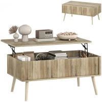 HOMCOM Mesa de Centro Elevable con Compartimentos Ocultos de Almacenaje y Patas de Pino para Salón Comedor 91x56x43 cm Roble(m-10)