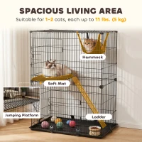 PawHut 3-Tier Large Cat Cage Indoor, Detachable Metal Wire Kennel with Hammock, Platforms, Tray and Cushions for 1-2 Kittens(m-4)