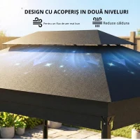 Outsunny Foișor de Grădină 4x3 m cu Perdele Laterale Rulante, Foișor Exterior cu 8 Orificii de Drenaj, Acoperiș Dublu și Structură Metalică, pentru Grădină, Balcon, Petreceri, Curte, Terasă, Gri Închis(m-7)