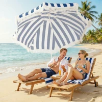 Outsunny Sombrilla de Playa con Flecos Ø180 cm Sombrilla de Terraza Exterior con Altura Ajustable Inclinación 30° Azul y Blanco(m-9)