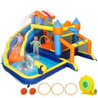 AIYAPLAY 8-in-1 Hüpfburg mit Gebläse Rutsche Planschbecken Trampolin Kletterwand für Indoor Outdoor 350x325x210cm Mehrfarbig(m-11)