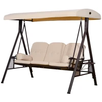 Outsunny Balancelle de Jardin 3 Places Grand Confort Toit Inclinaison réglable Coussins Plateaux rétractables 121x208x172cm beige(m-1)