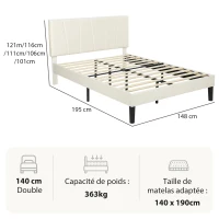 HOMCOM Cadre de lit double 140 x 190 cm lit 2 personnes tête de lit réglable sommier 150 x 198 x 101/106/111/116/121 cm crème(m-3)