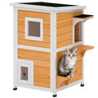 PawHut Caseta para Gatos de Madera Exterior de 2 Niveles con Techo Abatible Panel Central Extraíble 51x51x81,3 cm Natural(m-10)