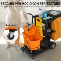 HOMCOM Carrello Pulizie: Ruote, 3 Ripiani, Sacco 70L, Secchio con Strizzatore.(m-6)