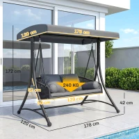 Outsunny Leagăn tip Hollywood Rattan 2 locuri leagăn de grădină cu copertină reglabilă pernă moale cadru în A Gri închis(m-3)