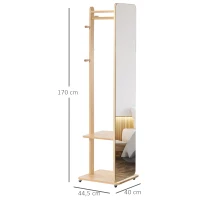 HOMCOM Specchio A Terra Con Ruote - Appendiabiti, 4 Ganci Ripiano MDF Effetto Legno Chiaro(m-3)