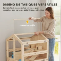 PawHut Jaula para Hámster de Madera de 3 Niveles con Bebederos Casetas Balancines Bandeja Extraíble y Tapas Abatibles Natural(m-6)