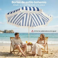 Outsunny Sombrilla de Playa con Flecos Ø180 cm Sombrilla de Terraza Exterior con Altura Ajustable Inclinación 30° Azul y Blanco(m-4)