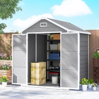 Outsunny Abri de jardin en résine 2,7 m² avec plancher portes à loquet 3 fenêtre structure en aluminium 240 x 190 x 228 cm gris(m-9)