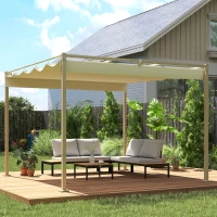Outsunny 3 x 3 m tuinpergola met inrolbaar dak, paviljoen, luifel voor schaduw, UPF30+, Khaki(m-10)