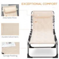 Outsunny Leżak ogrodowy składany z poduszką i kieszenią, Beżowy(m-5)