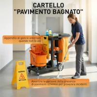 HOMCOM Carrello Pulizie: Ruote, 3 Ripiani, Sacco 70L, Secchio con Strizzatore.(m-9)