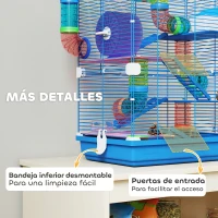 PawHut Jaula de Hámster con Túnel Plataformas Cuenco Bebedero Casita Rampas y Rueda de Ejercicio 46x30x58 cm Azul(m-7)