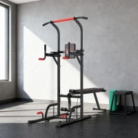 HOMCOM Torre Entrenamiento Energía Power Tower Estación Pull Up Multifuncional Ajustable en Altura con Banco Plegable Barra de Dominadas para Fitness 220x98x181-229 cm Negro(m-9)