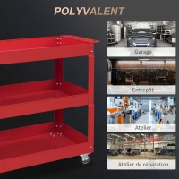 DURHAND Chariot desserte d'atelier acier 3 plateaux sur roulettes avec poignée charge max. 150 kg 83 x 35,3 x 76 cm acier rouge(m-6)