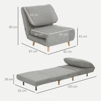 HOMCOM 2 w 1 Fotel do spania Łóżko dla gości, regulowana poduszka w Kordonk 82 cm x 87 cm x 89 cm Szary(m-3)