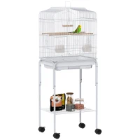 PawHut Jaula para Pájaros con Ruedas Estante Puertas 2 Comederos 2 Perchas Columpio Bandeja Extraíble 46,5x36x124 cm Blanco(m-9)