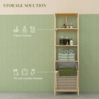 HOMCOM Regał łazienkowy z koszem na pranie, 3 półki, rama z bambusa, 44x33x160 cm, Naturalny(m-4)