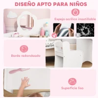 AIYAPLAY Tocador de Maquillaje Niña 2 en 1 Escritorio con Taburete Espejo Estantes Abiertos para Niños +3 Años Blanco(m-7)