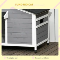 PawHut Cusca pentru Caini Talie Mica si Medie din Lemn de Brad, Design Inaltat cu Perdea de Protectie, 2 Ferestre si Baza Detasabila, 109x79x72 cm(m-4)