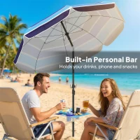 Outsunny Parasol Plażowy Ø198 cm UV30+ z Składanym Stolikiem i Uchwytami na Napoje, Regulowany, Wielokolorowy(m-4)