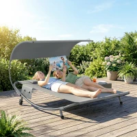 Outsunny Lettino Prendisole Doppio con Baldacchino Rimovibile, Ruote, Cuscini e Tasche, Grigio(m-9)