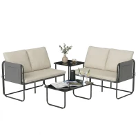 Outsunny 4-teiliges Garten-Set mit 2 Zweisitzern, 2 Glastischen, Kissen, abnehmbaren Bezügen und Taschen Khaki(m-7)