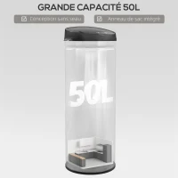 HOMCOM Poubelle cuisine automatique 50L acier inoxydable, poubelle à couvercle à fermeture en douceur, 30,5x30,5x85cm, argent(m-5)