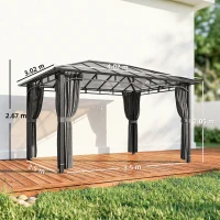 Outsunny 3 x 4 m Outdoor Hardtop Gazebo Canopy with PC Roof, Aluminium Permanent Pavilion Garden Gazebo with Curtains, Dark Grey(m-3)
