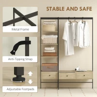 HOMCOM Kapstok met Planken, Lades en Kledingstang, 180 cm Vrijstaande Garderobe in Moderne Stijl, Metalen Frame, Eiken(m-6)