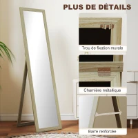 HOMCOM Miroir sur Pied et Mural rectangulaire miroir de sol Pleine Longueur Dressing Chambre salon 37x37x154cm bois naturel(m-6)