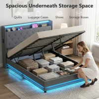 HOMCOM Bettgestell 140 x 200 cm mit Kopf- und Fußteil, Plattformbett mit hydraulischem Stauraum, LED-Lichtern(m-4)