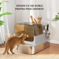 PawHut Litieră pentru Pisici XXL din Oțel Inoxidabil cu Capac Rabatabil la 90° Gri(m-5)