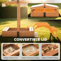 AIYAPLAY Piaskownica z dachem Piaskownica z drewna ze składanym stołem piknikowym i ławkami dla dzieci w wieku 3-8 lat 184 x 110 x 120 cm Brązowa(m-6)