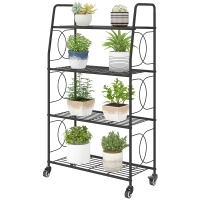 Outsunny Étagère à Fleurs en métal 4 Niveaux avec roues Intérieur et Extérieur, support de plantes 67 x 29 x 114 cm Noir