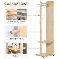 HOMCOM Specchio A Terra Con Ruote - Appendiabiti, 4 Ganci Ripiano MDF Effetto Legno Chiaro(m-5)