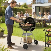 Outsunny tragbarer Holzkohlegrill, runder Außen-Grill mit Deckel, Thermometer, Räder, schwarz.(m-2)