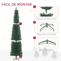 HOMCOM Árbol de Navidad Artificial Estrecho 210 cm con 510 Ramas, Base Plegable y Soporte Metálico Fácil Montaje Verde(m-6)
