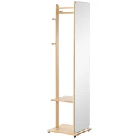 HOMCOM Specchio A Terra Con Ruote - Appendiabiti, 4 Ganci Ripiano MDF Effetto Legno Chiaro(m-11)