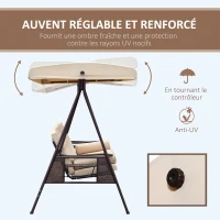 Outsunny Balancelle de Jardin 3 Places Grand Confort Toit Inclinaison réglable Coussins Plateaux rétractables 121x208x172cm beige(m-4)