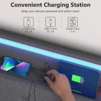 HOMCOM Stelaż łóżka 140 x 200 cm z zagłówkiem i podnóżkiem, platforma z hydraulicznym schowkiem, oświetleniem LED(m-6)