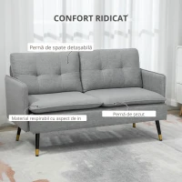 HOMCOM Canapea cu 2 Locuri din Material Textil cu Perne Capitonate, Canapea Modernă cu 2 Locuri cu Picioare din Oțel 139x68x80cm, Gri(m-6)