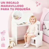 AIYAPLAY Tocador de Maquillaje Niña 2 en 1 Escritorio con Taburete Espejo Estantes Abiertos para Niños +3 Años Blanco(m-8)