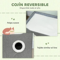 PawHut Casa para Gatos Plegable con Rascador 3 Entradas Bola Colgante Cojín Reversible en Felpa y Tipo Lino 60x40X34 cm Gris(m-5)
