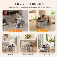 PawHut Katzenbrunnen 4L Kabellos Edelstahl Trinkbrunnen mit Bewegungsmelder 6 Filtern zweifaches Filtersystem LED Silber(m-4)