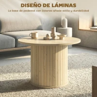 HOMCOM Mesa de Centro Redonda con Base de Columna con Listones para Sala de Estar Dormitorio Ø60x40 cm Natural(m-4)
