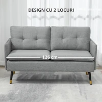 HOMCOM Canapea cu 2 Locuri din Material Textil cu Perne Capitonate, Canapea Modernă cu 2 Locuri cu Picioare din Oțel 139x68x80cm, Gri(m-5)