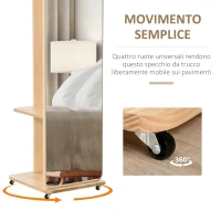 HOMCOM Specchio A Terra Con Ruote - Appendiabiti, 4 Ganci Ripiano MDF Effetto Legno Chiaro(m-4)